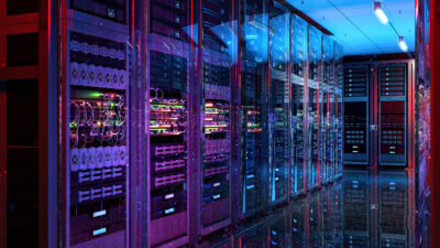 Data center server racks. IT modern hardware server room, data storage center, database information system. Hosting, it data backup, computing technology service, network security, supercomputers, 3D
